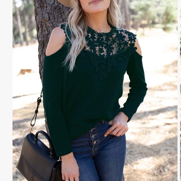 Amaryllis Black Lace Trim Cold Shoulder Sweater - Picture 10 of 10